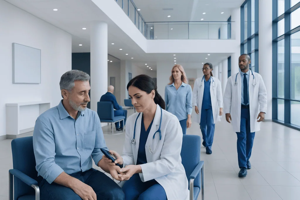 Normal Blood Sugar Levels Explained: Reference Ranges and What Affects Them 1 Healthcare professionals consulting with a patient in a modern hospital lobby.