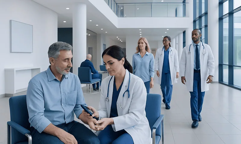 Normal Blood Sugar Levels Explained: Reference Ranges and What Affects Them 6 Healthcare professionals consulting with a patient in a modern hospital lobby.