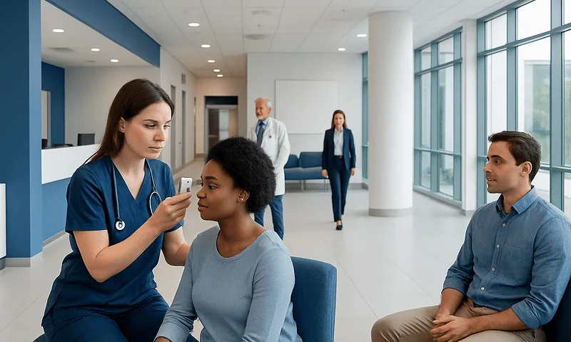 Nurse checking patient's temperature in a modern hospital lobby.