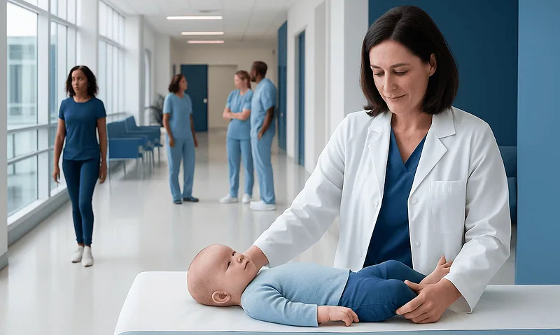 Pediatrician examining a baby in a hospital corridor with staff in the background.