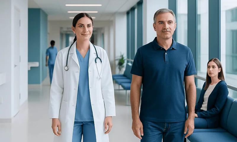 Doctor and patient in hospital corridor with a nurse in the background.