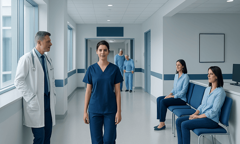Medical team in hospital corridor with patients waiting.