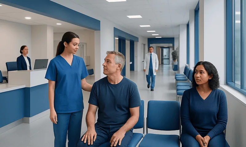Healthcare professionals consulting with a patient in a modern hospital corridor.