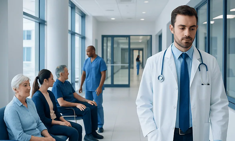 Doctor waiting outside with patients in a hospital corridor.