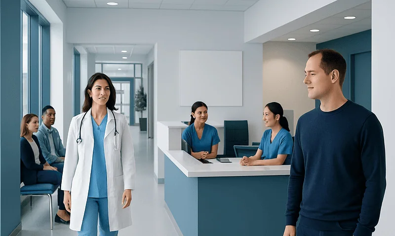 Medical consultation at Acibadem Hospital with doctor and patients.
