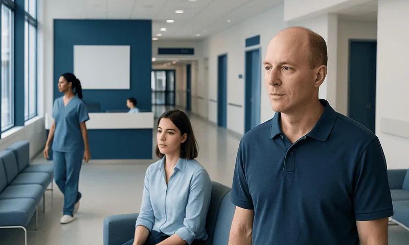Patients waiting in a modern hospital corridor with medical staff nearby.