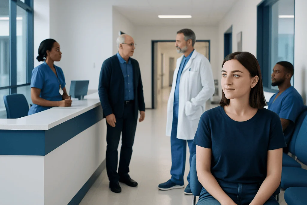 Nose Piercings: What Patients Need to Know 1 Patients and doctors in a hospital corridor, discussing health concerns.