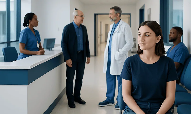 Patients and doctors in a hospital corridor, discussing health concerns.