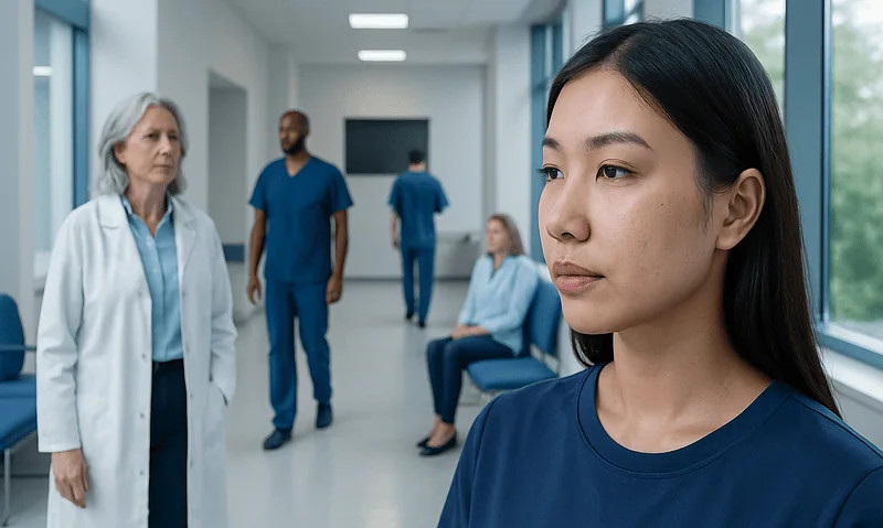 Young woman in hospital corridor with medical staff in background.