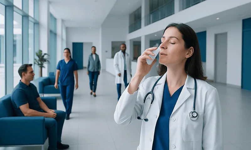 Doctor holding nose spray in a hospital corridor with patients and staff nearby.