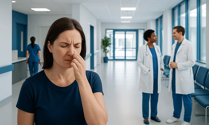 Woman experiencing nasal discomfort in a hospital corridor with medical staff nearby.