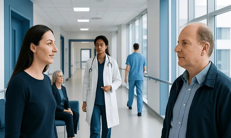 Doctor and patient having a conversation in hospital corridor.
