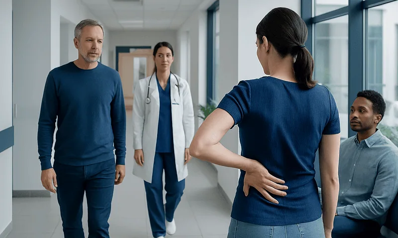 Doctor consulting with patients in a hospital corridor.