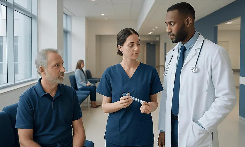 Medical consultation with healthcare professionals in a hospital corridor.