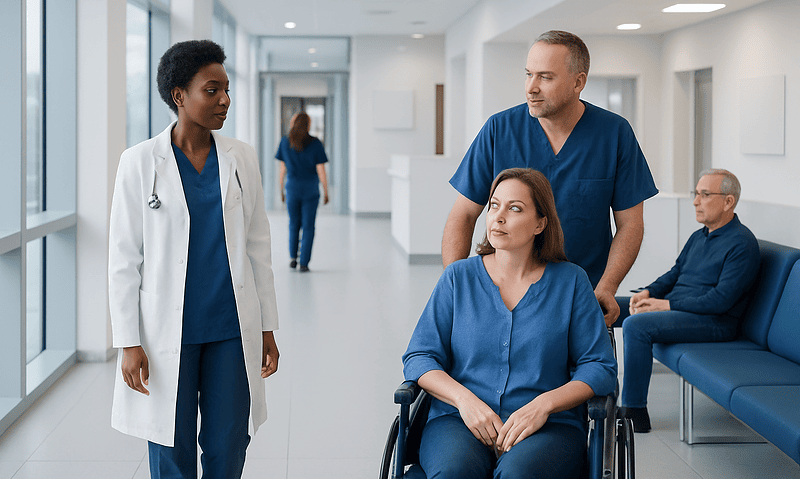 Medical team discussing patient care in hospital corridor.