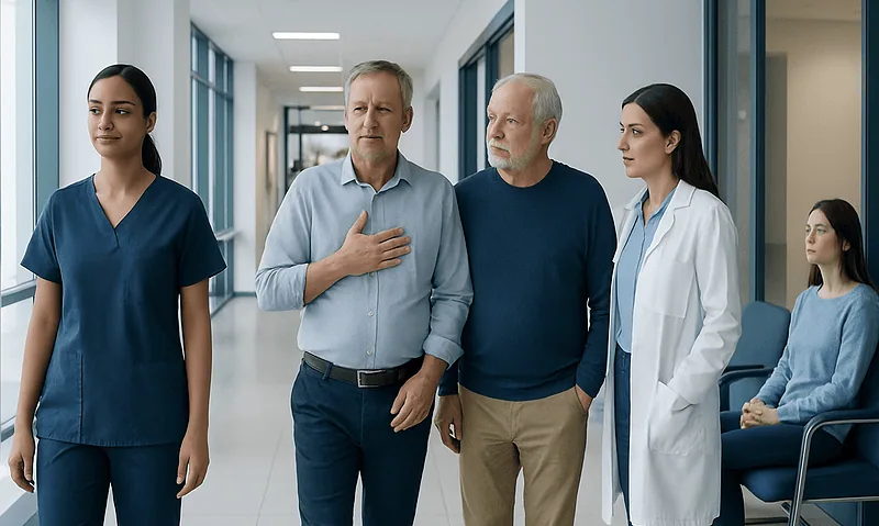 Medical team discussing patient care in hospital corridor.