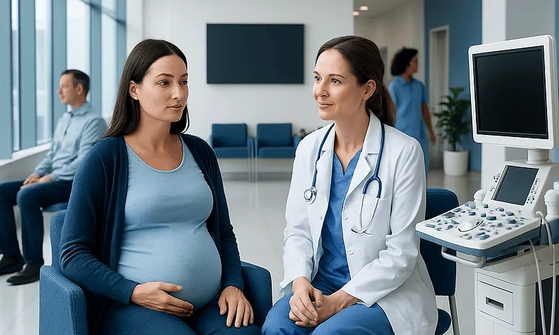Pregnant woman consulting with a doctor in a hospital setting.