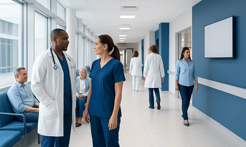 Medical staff and patients in a modern hospital corridor at Acibadem Hospitals Group.