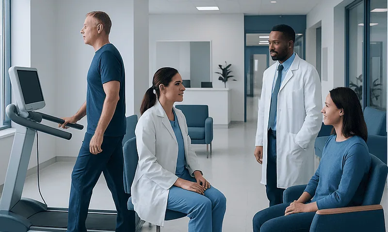Medical professionals and patient in a hospital corridor with treadmill equipment.