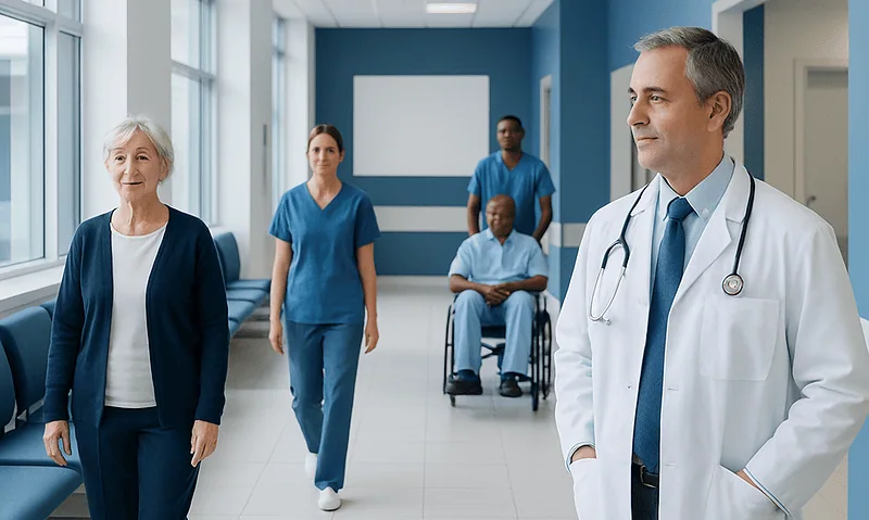 Healthcare professionals and patient in hospital corridor at Acibadem Hospitals Group.