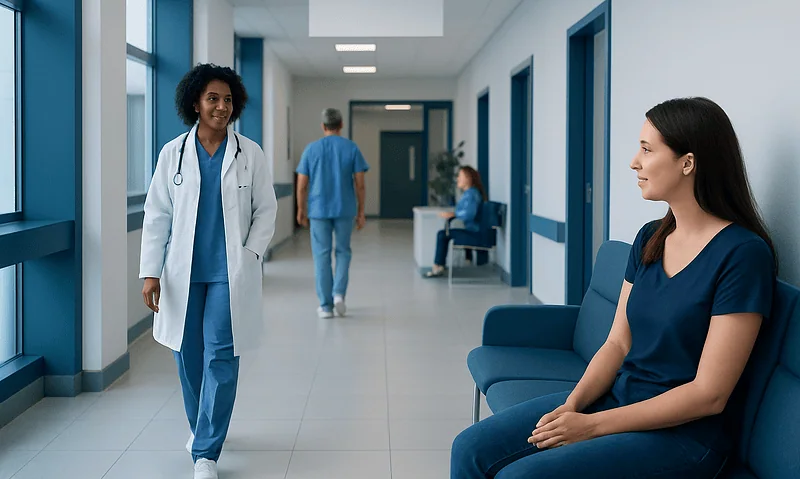 Healthcare professionals and patients in a hospital corridor at Acibadem Hospitals Group.