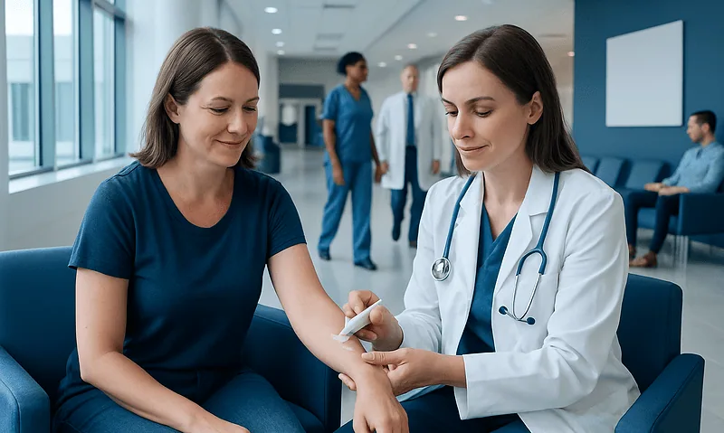Doctor applying numbing cream to patient's arm in hospital setting.