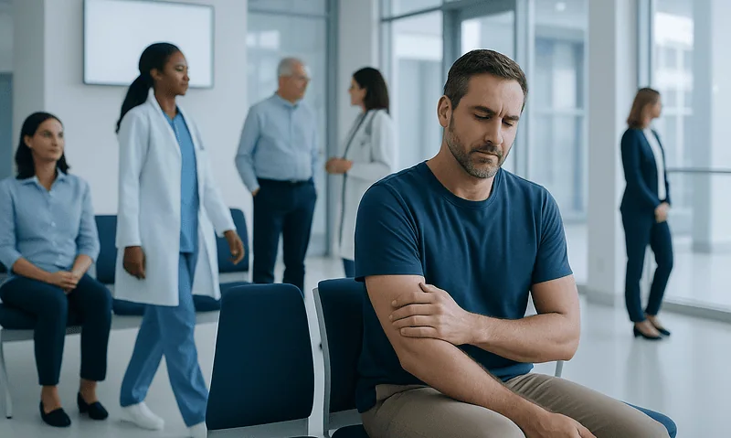 Man experiencing arm numbness in a hospital waiting area.