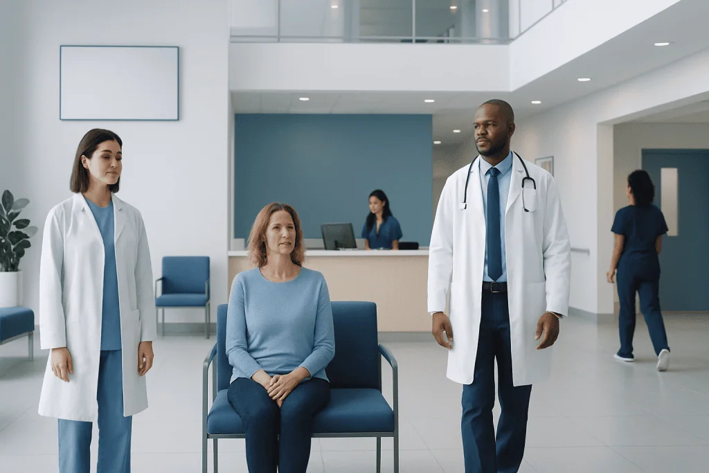 Nutrient Dense Foods: What the Clinical Research Actually Says 1 Medical consultation in a modern hospital lobby with doctors and patient.