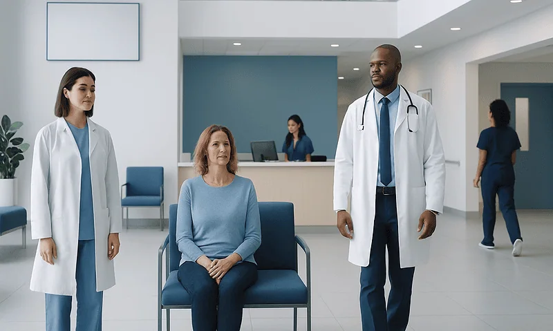 Medical consultation in a modern hospital lobby with doctors and patient.