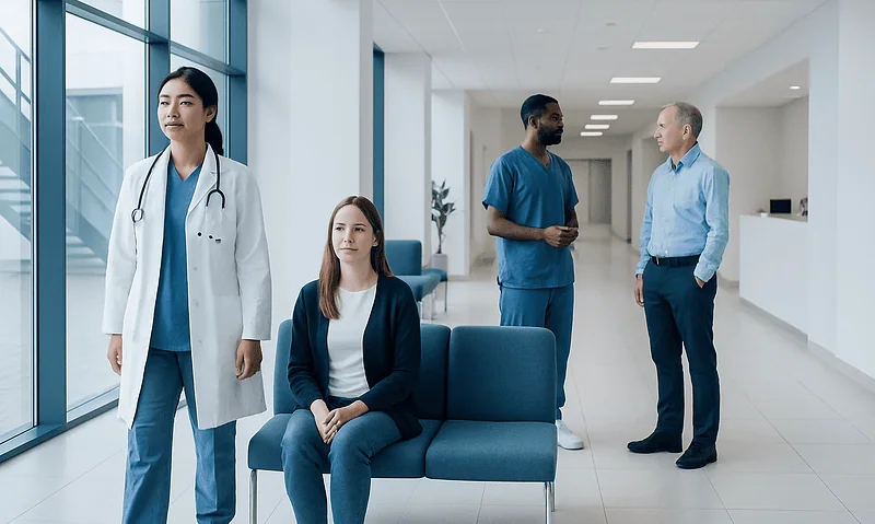 Medical professionals and patient in a hospital corridor at Acibadem Hospitals Group.