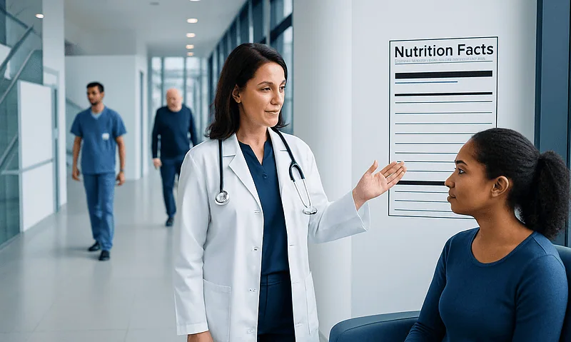 Doctor discussing nutrition facts with patient in hospital corridor.