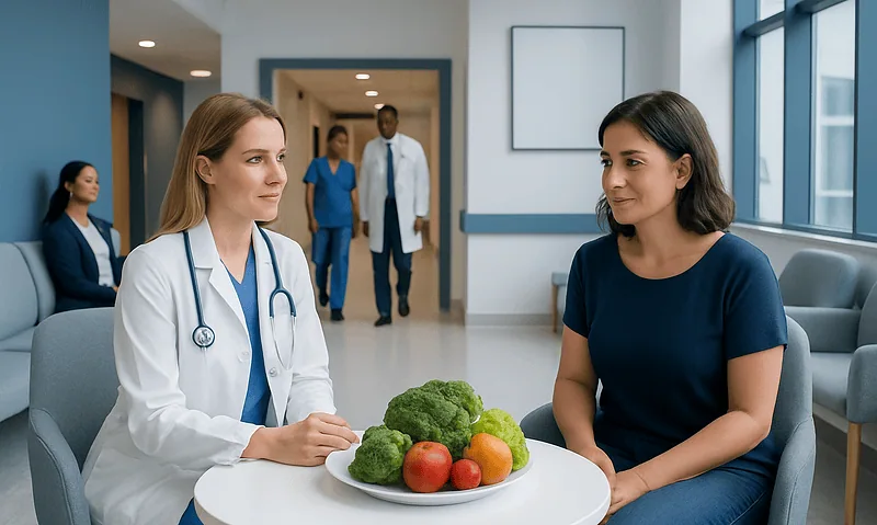 Doctor discussing healthy foods with patient in hospital setting.