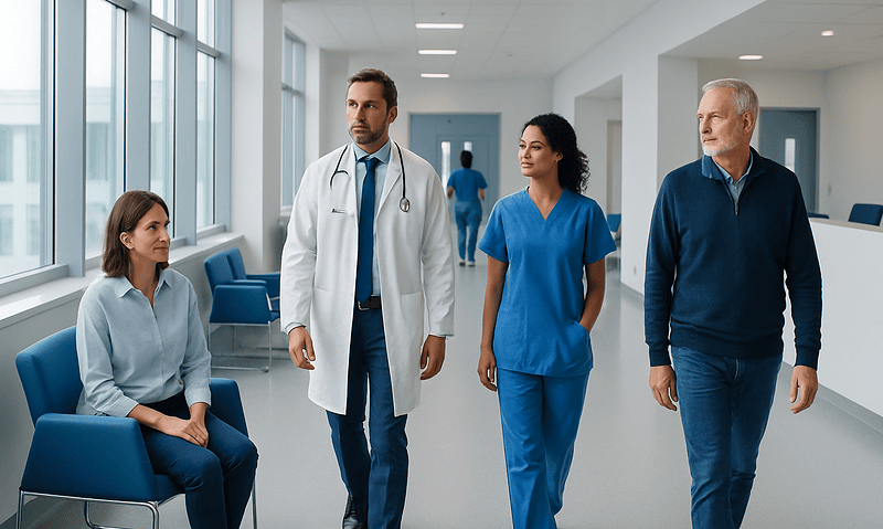 Medical team consulting in a modern hospital corridor.