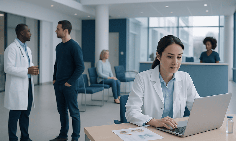 Nutrition Research News: Evidence-Based Benefits, Risks, and Practical Guidance 6 Medical professionals and patients in a modern hospital lobby.