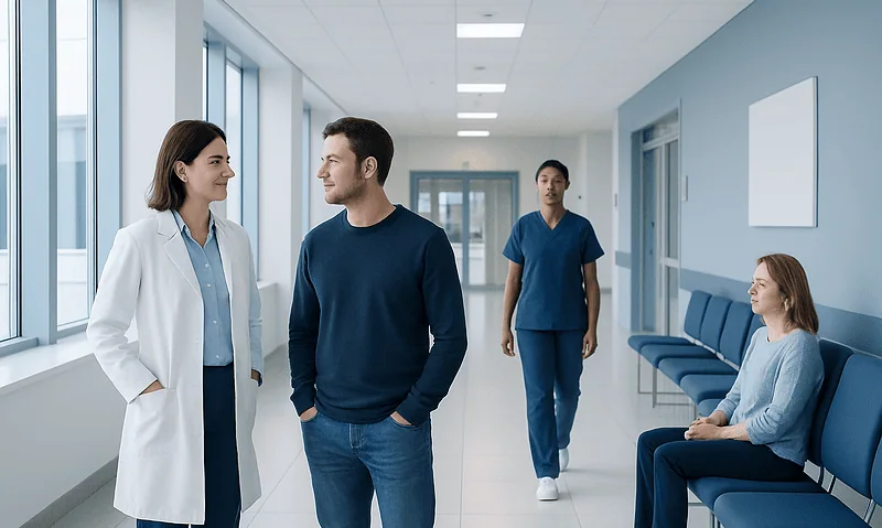 Healthcare professionals and patient in hospital corridor.