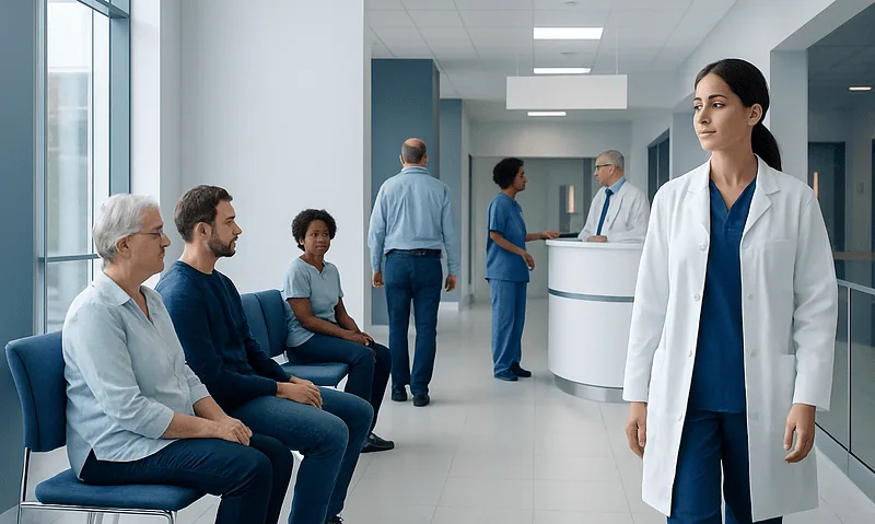 Medical staff and patients in a modern hospital waiting area.