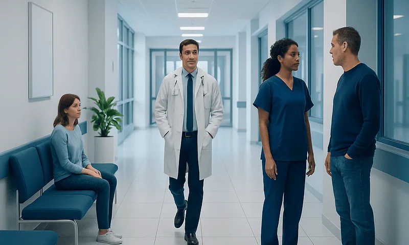 Medical professionals and patient in hospital corridor at Acibadem Hospitals Group.