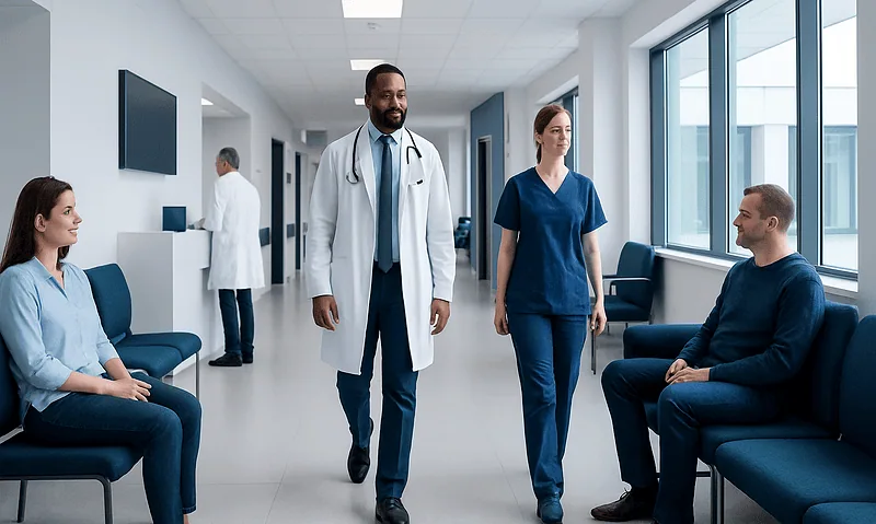 Medical professionals and patients in a hospital corridor at Acibadem Hospitals Group.
