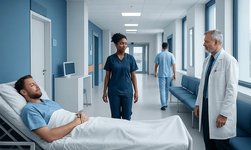 Patient resting in hospital bed with medical staff nearby in hospital corridor.