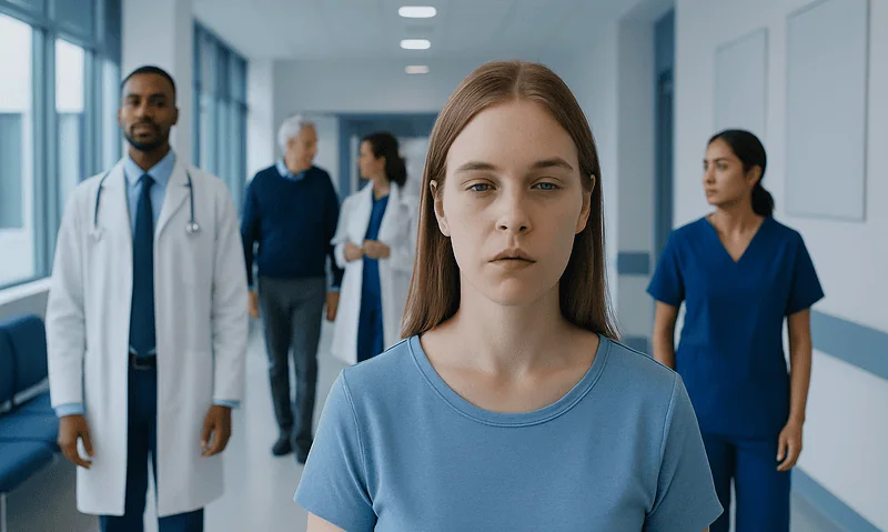 Young woman with nystagmus in a hospital corridor with medical staff.