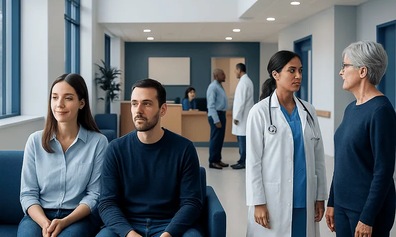 Patients waiting in a hospital lobby with medical staff nearby.