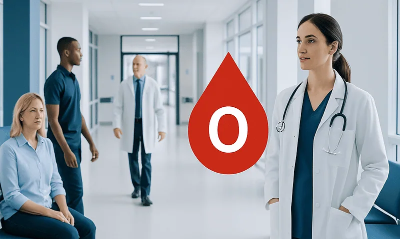 Doctor with blood type O symbol in hospital corridor.