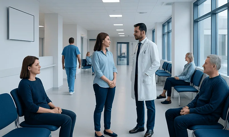 Patients and doctor in hospital waiting area at Acibadem Hospitals Group.