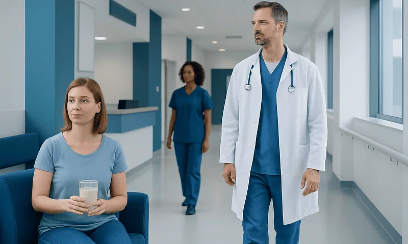 Patient with glass of water in hospital corridor with medical staff nearby.