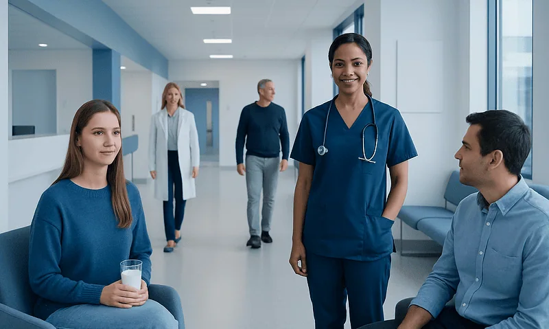 Healthcare professionals and patients in a hospital corridor.