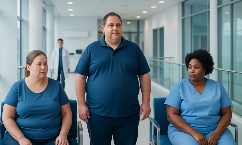 Medical professionals waiting in a hospital corridor for obesity treatment consultation.
