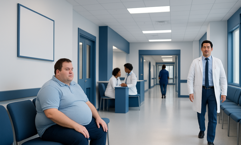 Patient waiting in hospital corridor with doctor nearby.