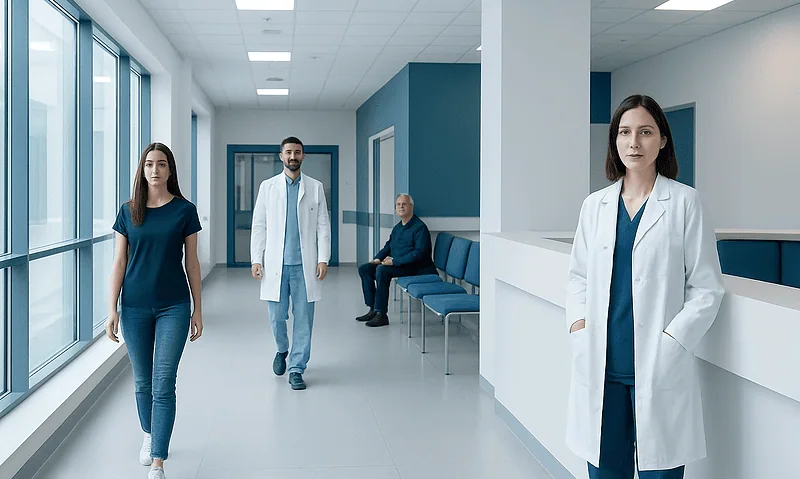 Medical professionals and patient in hospital corridor at Acibadem Hospitals Group.
