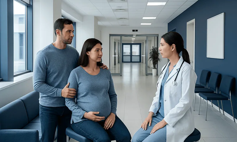 Pregnant woman consulting with doctor in hospital corridor.