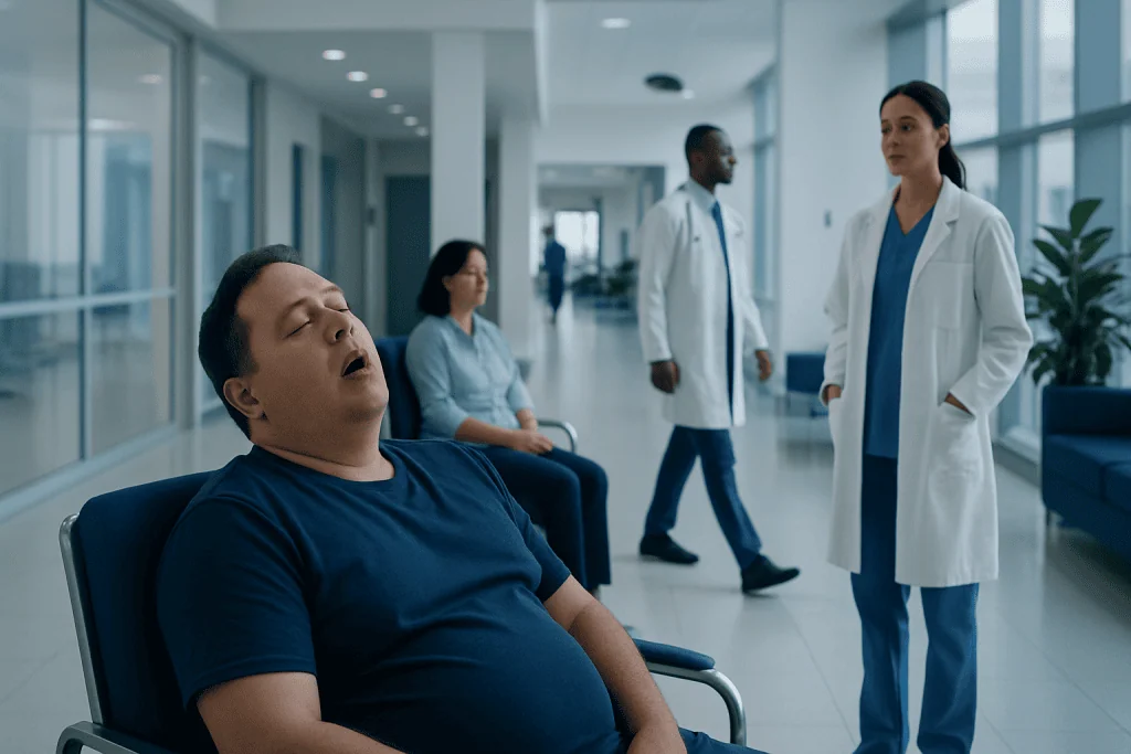 Obstructive Sleep Apnea — Explained by Medical Evidence, Not Myths 1 Patient with sleep apnea in hospital corridor with medical staff nearby.
